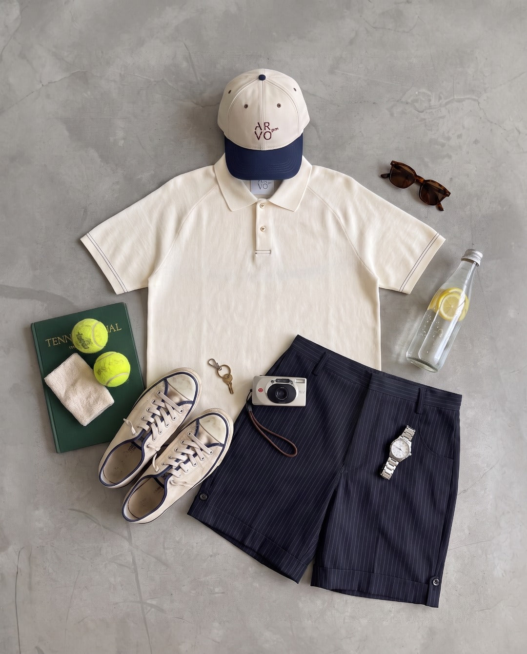 ARVOpm off-white short-sleeve polo summer styling flat lay