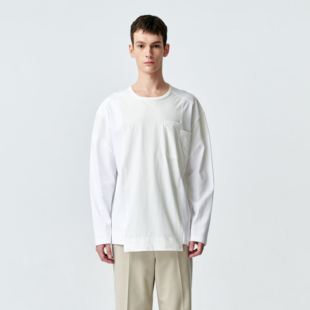 ARVOpm 白色剪接錯位設計寬版T-shirt｜商品圖 1