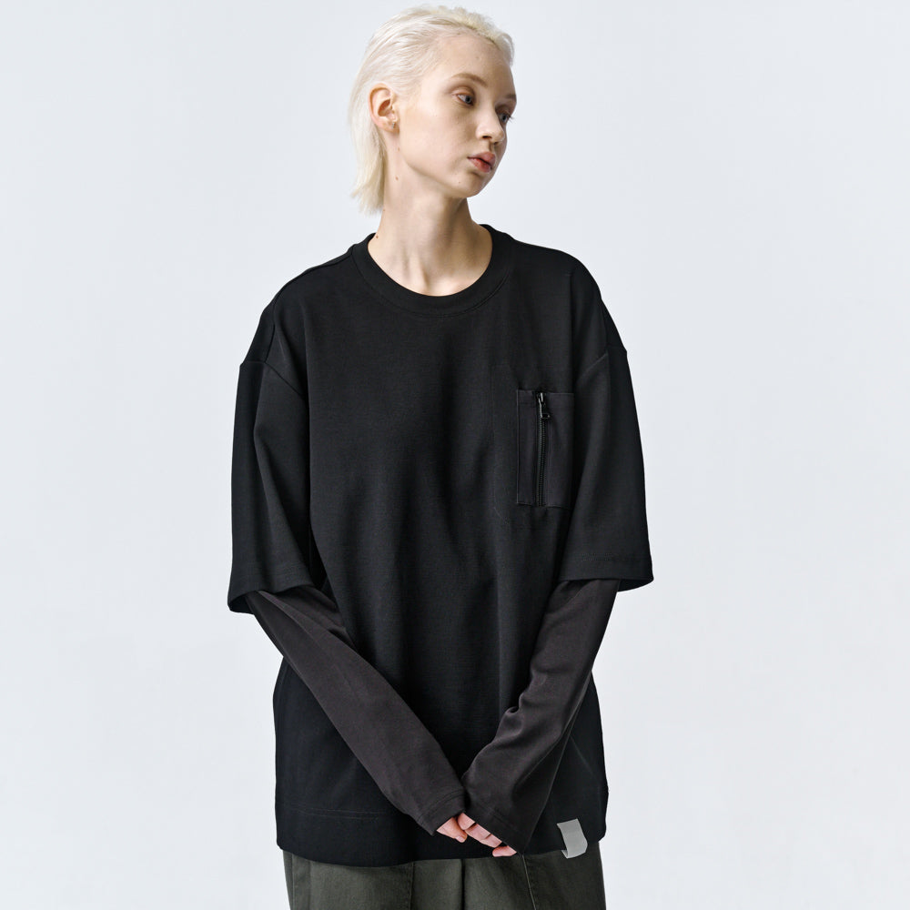 ARVOpm 黑色拉鍊口袋假兩件寬版T-shirt｜商品圖 6