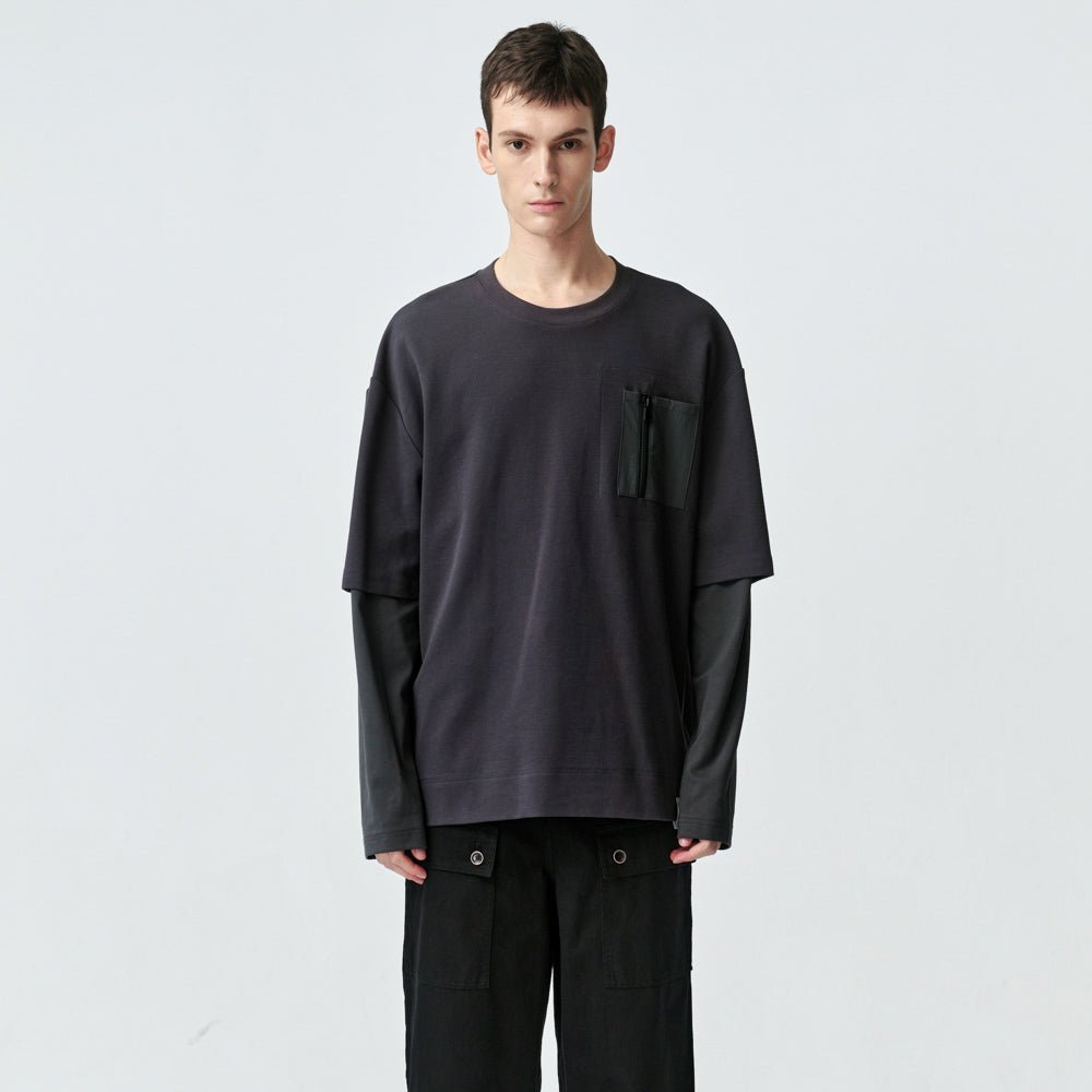ARVOpm 深灰拉鍊口袋假兩件寬版T-shirt｜商品圖 1