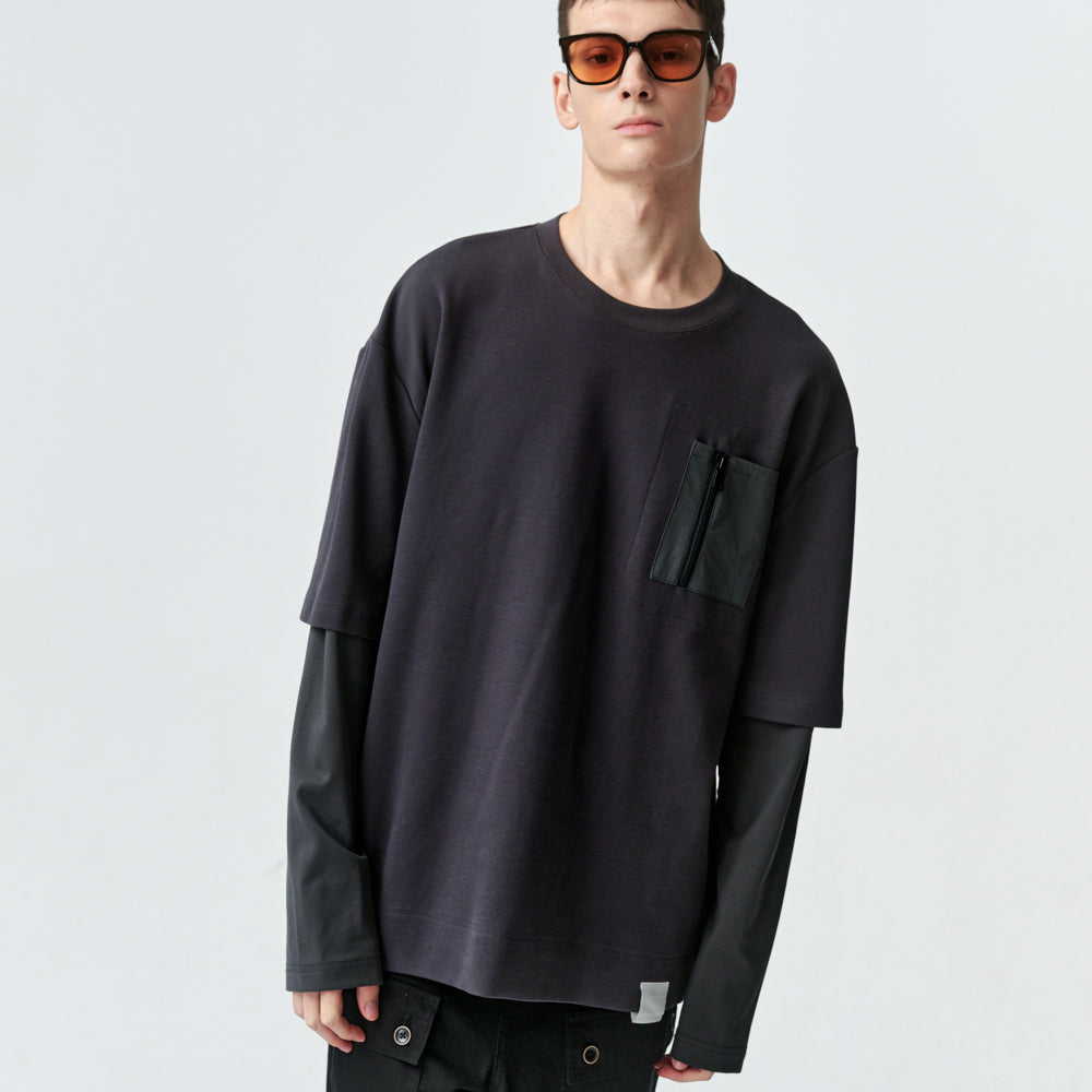 ARVOpm 深灰拉鍊口袋假兩件寬版T-shirt｜商品圖 3