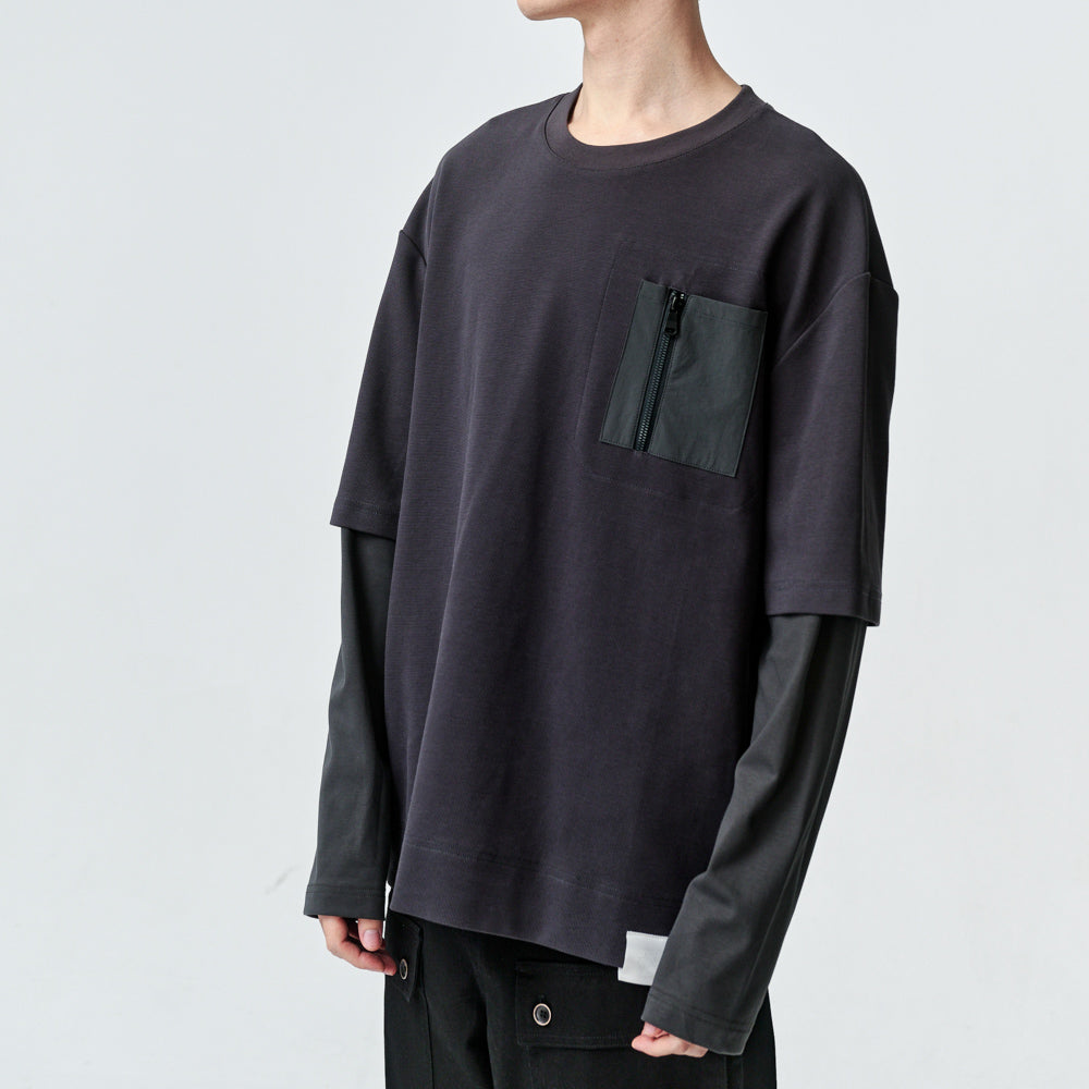 ARVOpm 深灰拉鍊口袋假兩件寬版T-shirt｜商品圖 4