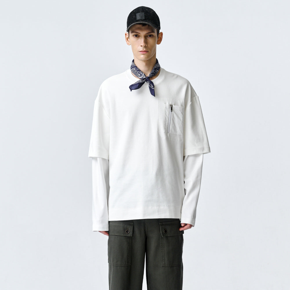 ARVOpm 白色拉鍊口袋假兩件寬版T-shirt｜商品圖 1