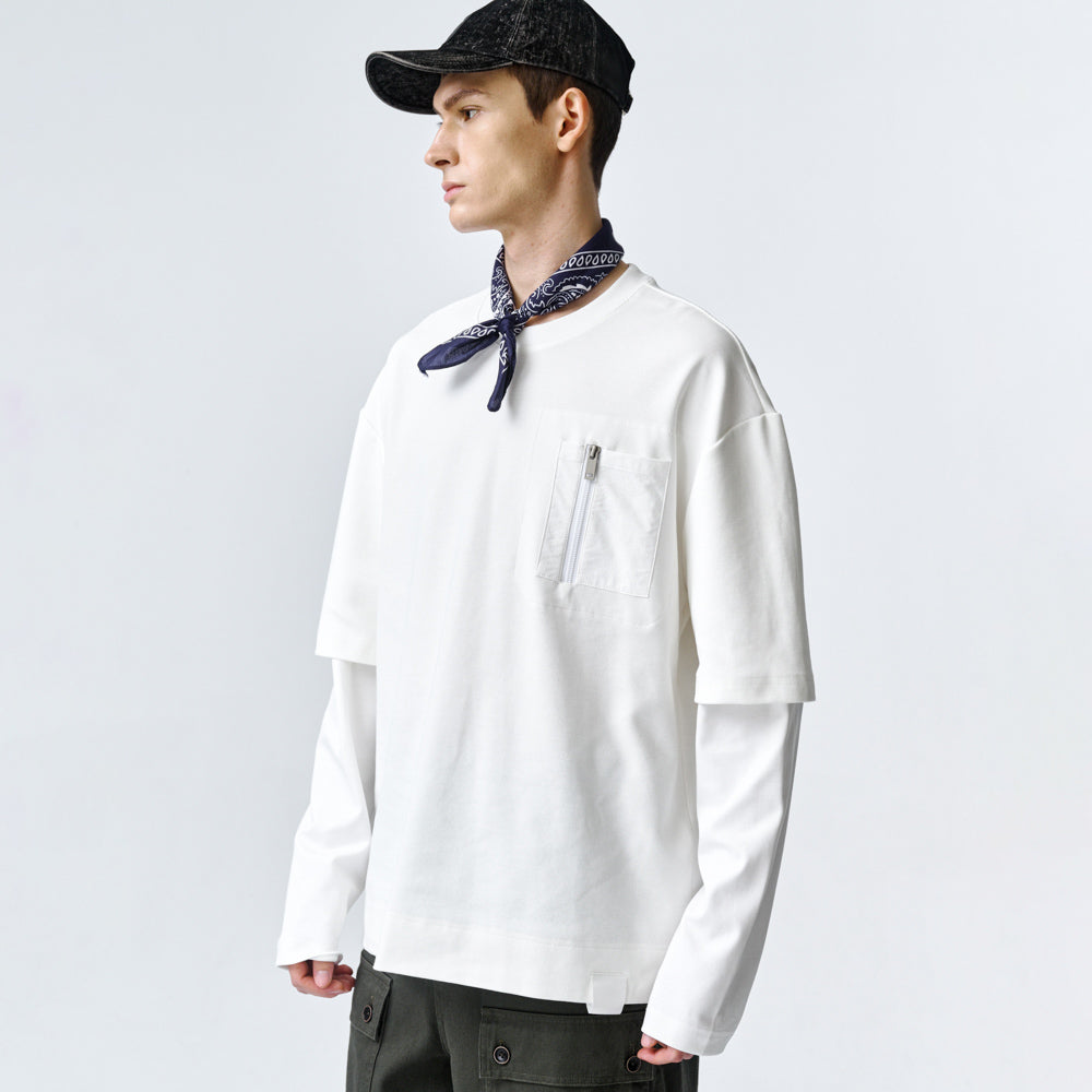 ARVOpm 白色拉鍊口袋假兩件寬版T-shirt｜商品圖 5