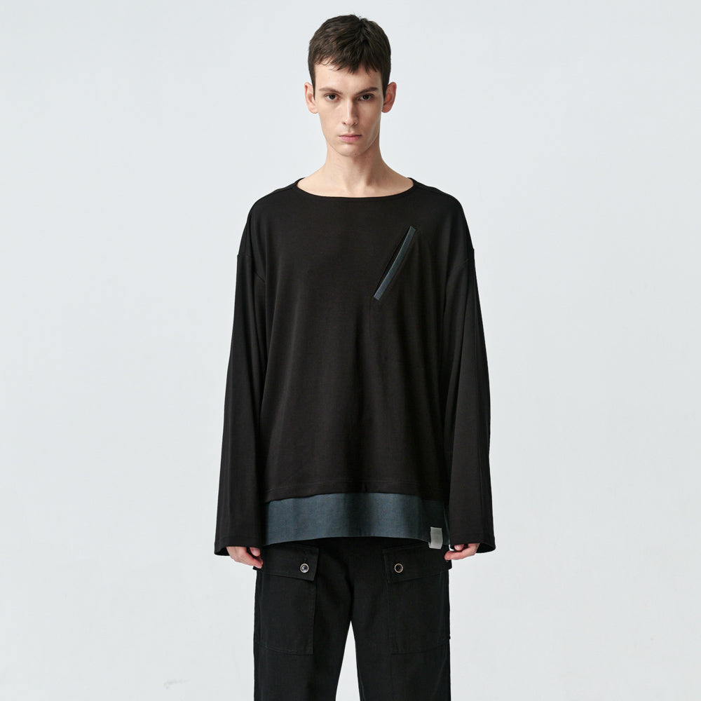 ARVOpm 黑色船型領下擺拼接寬版T-shirt｜商品圖 1