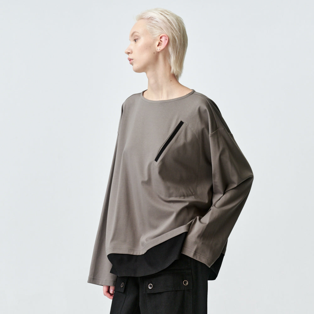 ARVOpm 灰棕船型領下擺拼接寬版T-shirt｜商品圖 6