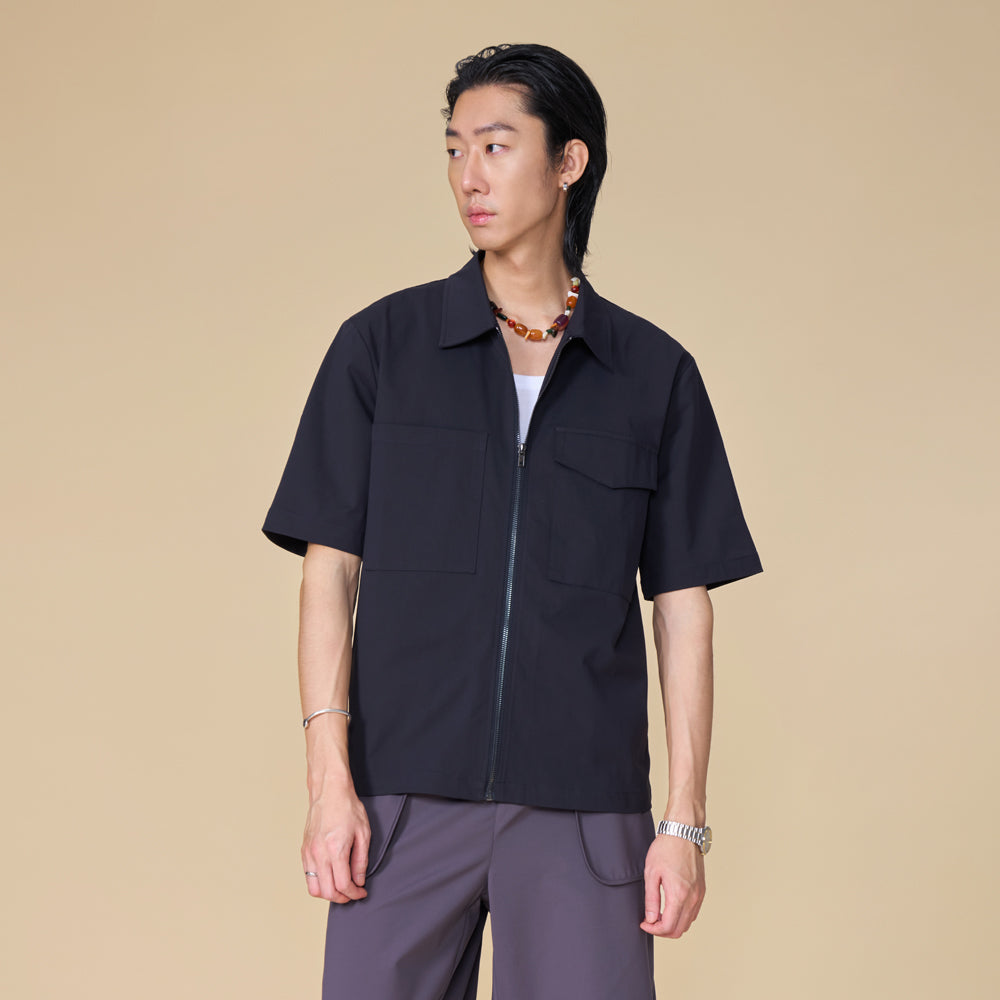 ARVOpm 藏青前開式拉鍊短袖襯衫｜商品圖 5