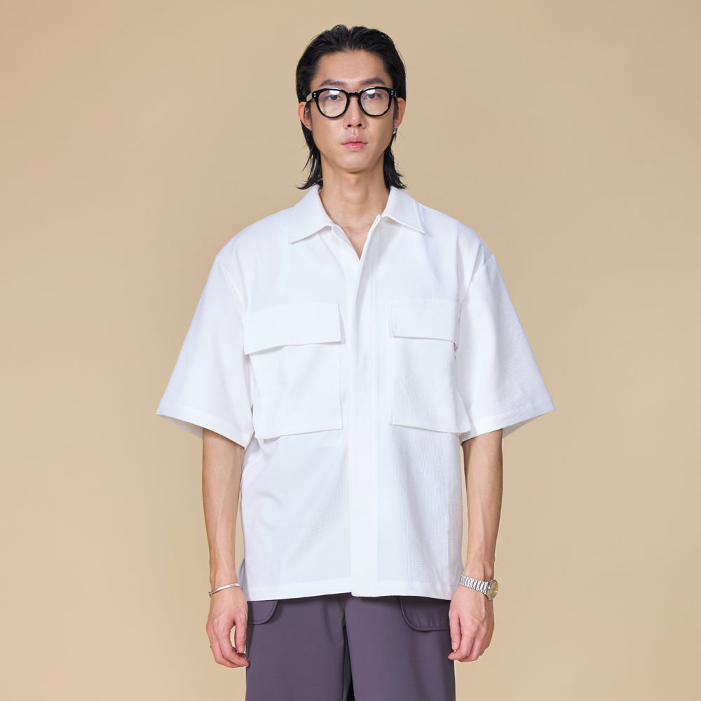 ARVOpm 坑條白色短袖襯衫｜商品圖 3