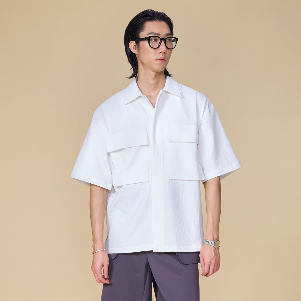 ARVOpm 坑條白色短袖襯衫｜商品圖 5
