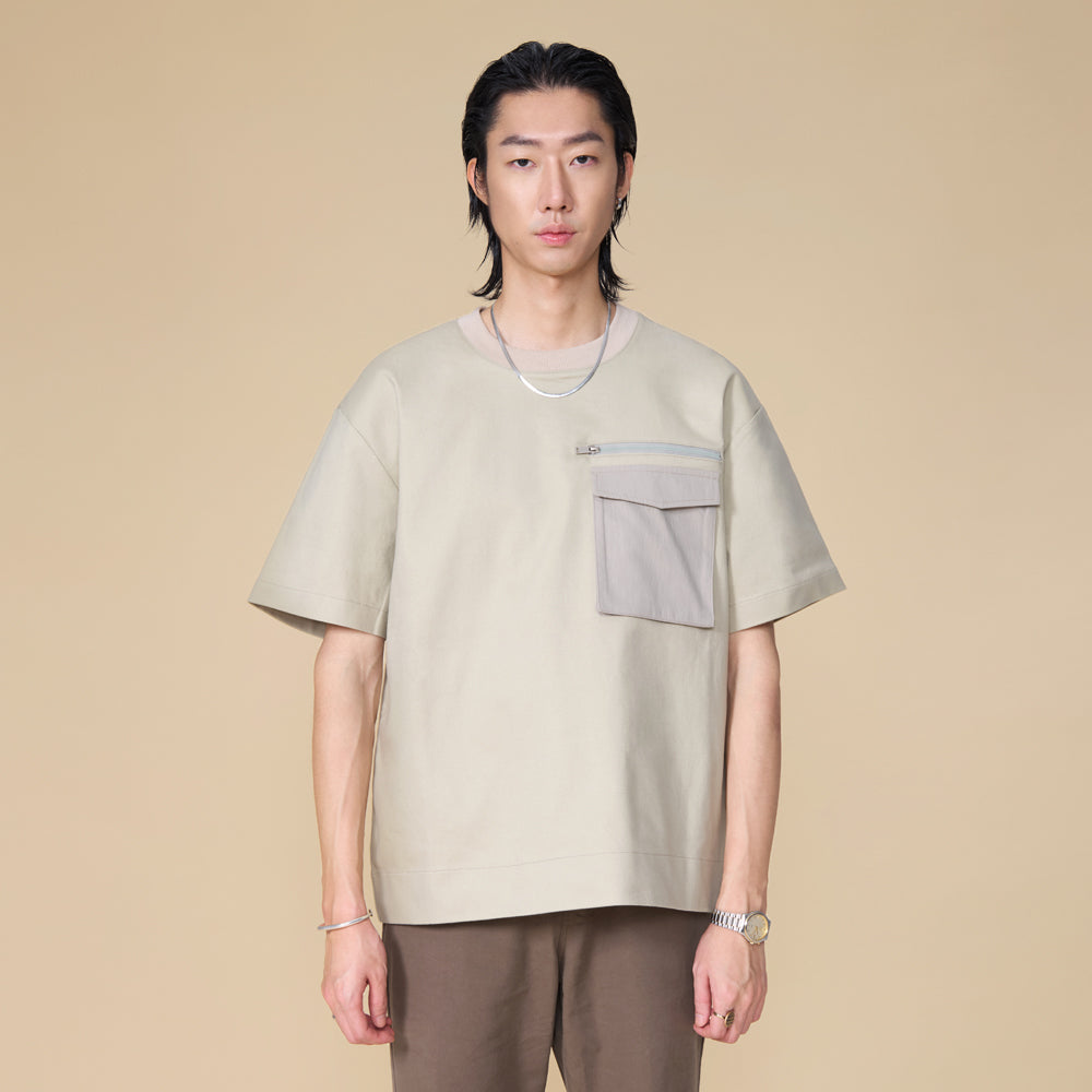 ARVOpm 口袋設計寬版卡其灰T-shirt｜商品圖 3